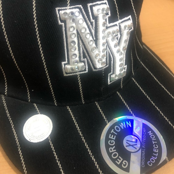 NY Black Pinstriped/Rhinestone Fitted Flatbill Cap - Picture 2 of 8